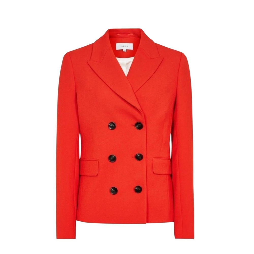 Reiss Izzy Cropped Jacket Red Sz. 6 Double Breasted Lined Chic Business Modern - Picture 2 of 16